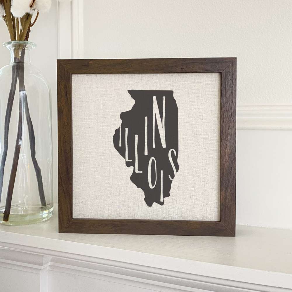 Stylish State Art Framed Sign with a wood frame, featuring eco-friendly printing on a linen-look background.