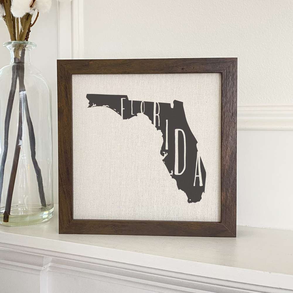 Stylish State Art Framed Sign with a wood frame, featuring eco-friendly printing on a linen-look background.