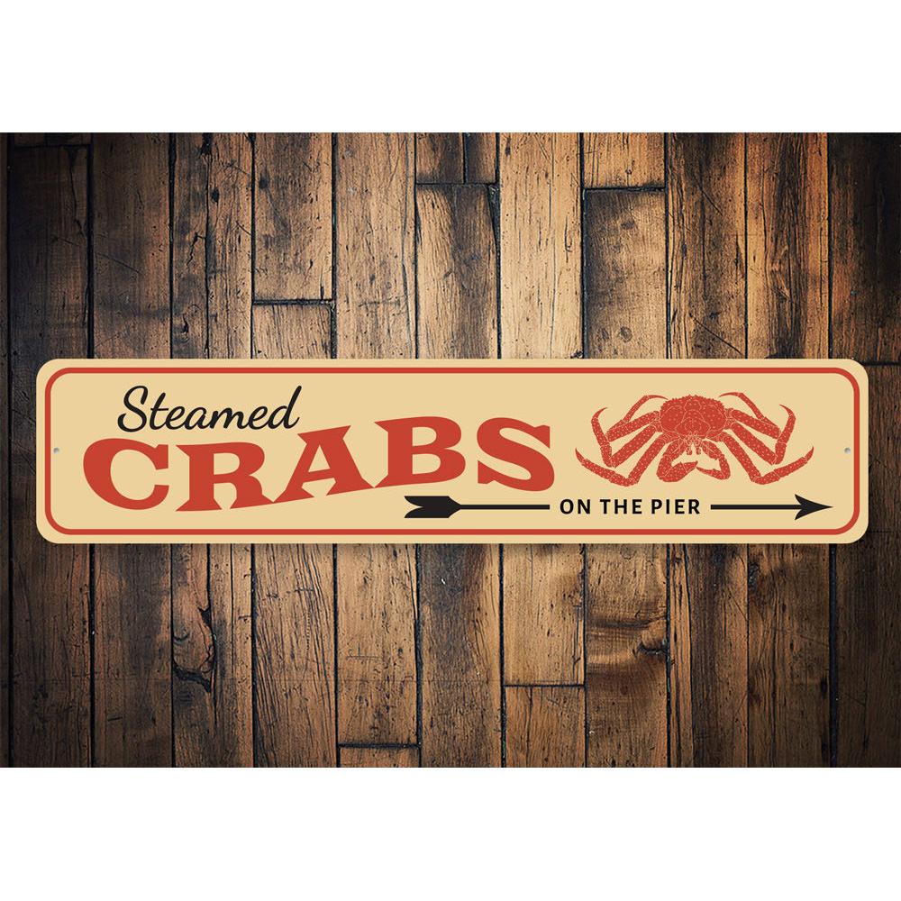 Custom Steamed Crabs metal sign, perfect for beach houses and seafood restaurants, featuring vibrant colors and durable aluminum material.