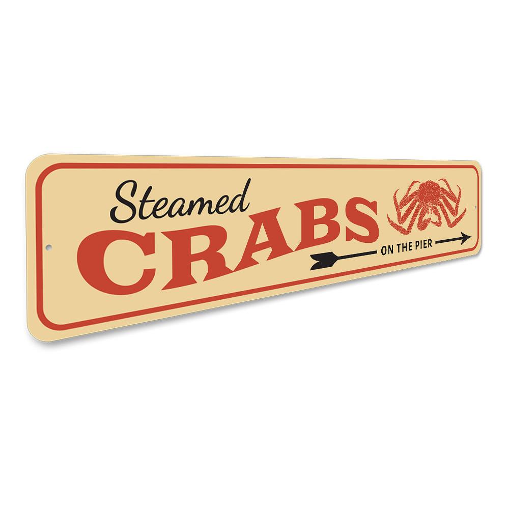 Custom Steamed Crabs metal sign, perfect for beach houses and seafood restaurants, featuring vibrant colors and durable aluminum material.