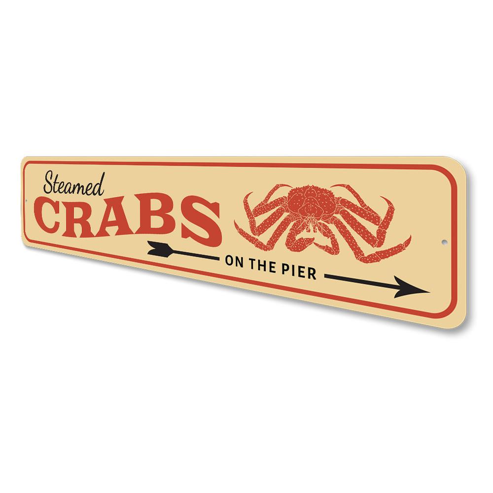 Custom Steamed Crabs metal sign, perfect for beach houses and seafood restaurants, featuring vibrant colors and durable aluminum material.