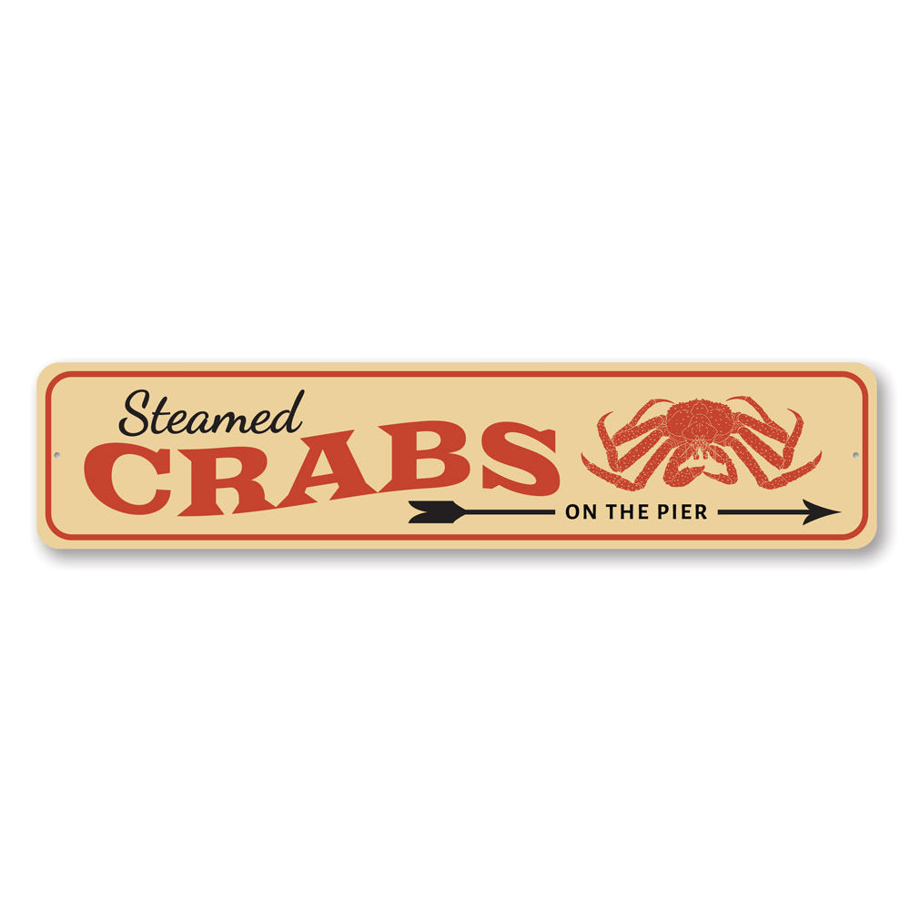 Custom Steamed Crabs metal sign, perfect for beach houses and seafood restaurants, featuring vibrant colors and durable aluminum material.