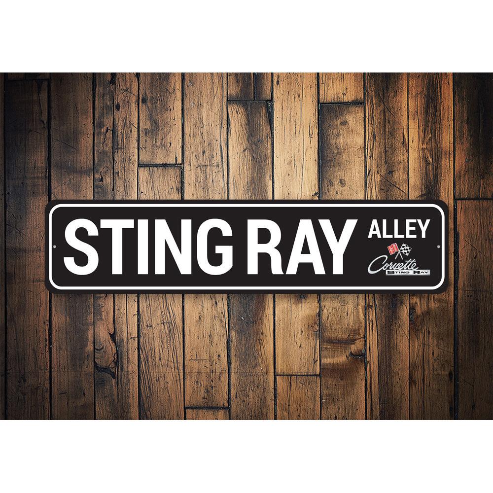 Sting Ray Alley Chevy Corvette Sign made of high-quality aluminum, featuring vibrant colors and a classic design, perfect for car enthusiasts.