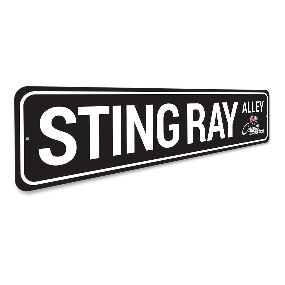 Sting Ray Alley Chevy Corvette Sign made of high-quality aluminum, featuring vibrant colors and a classic design, perfect for car enthusiasts.