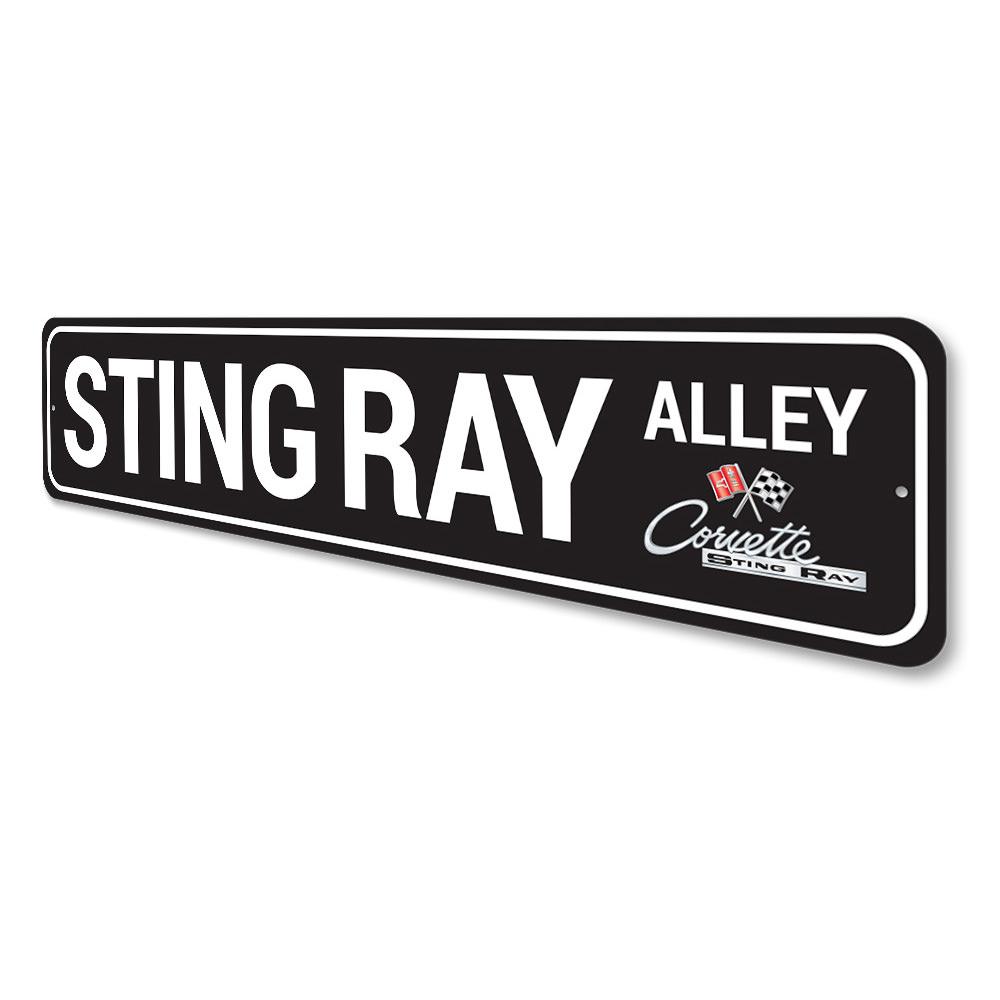 Sting Ray Alley Chevy Corvette Sign made of high-quality aluminum, featuring vibrant colors and a classic design, perfect for car enthusiasts.