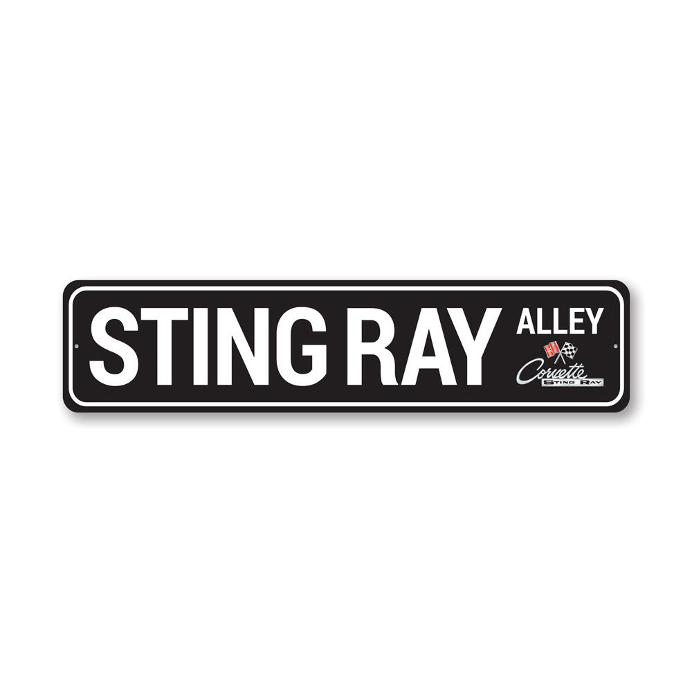 Sting Ray Alley Chevy Corvette Sign made of high-quality aluminum, featuring vibrant colors and a classic design, perfect for car enthusiasts.