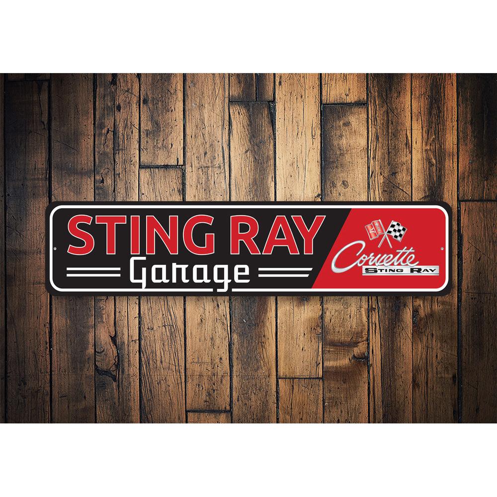 Sting Ray Corvette Sign made of quality aluminum, featuring vibrant colors and a classic design, perfect for car enthusiasts.