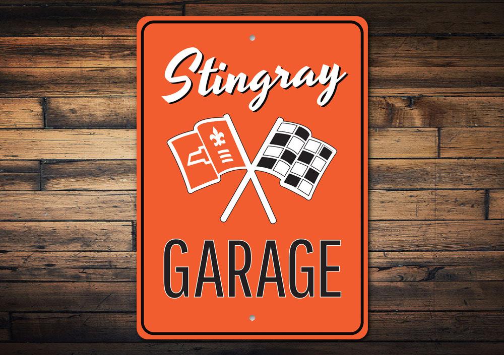 A vibrant Stingray Garage Sign made of high-quality aluminum, featuring classic car designs, perfect for garage or man cave decor.