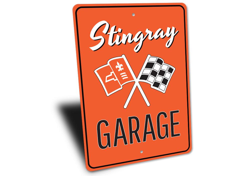 A vibrant Stingray Garage Sign made of high-quality aluminum, featuring classic car designs, perfect for garage or man cave decor.