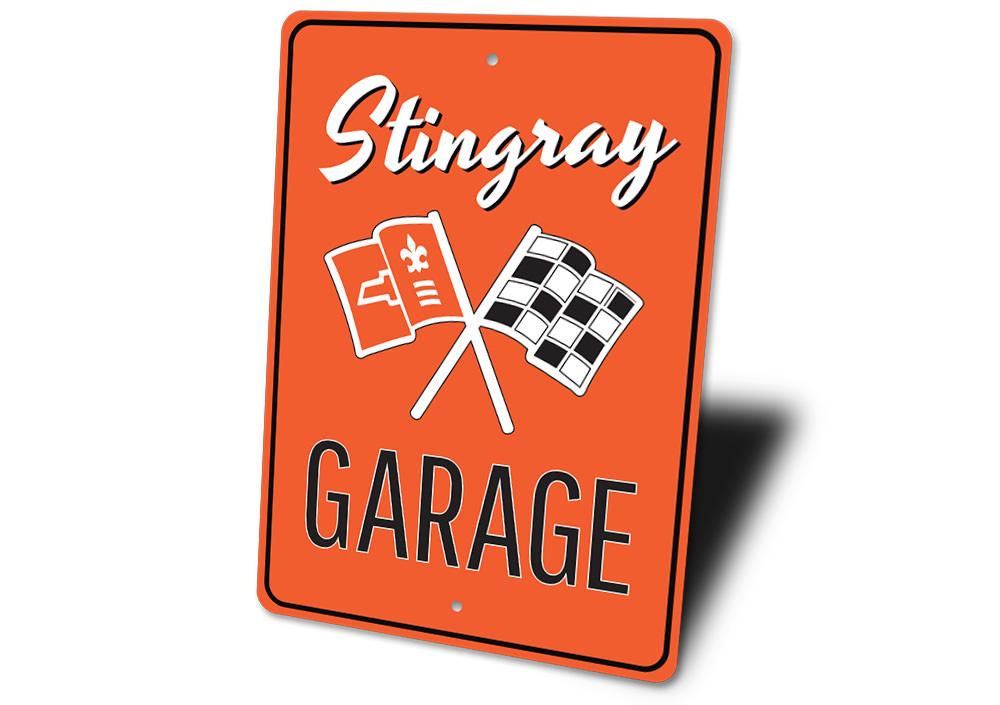 A vibrant Stingray Garage Sign made of high-quality aluminum, featuring classic car designs, perfect for garage or man cave decor.