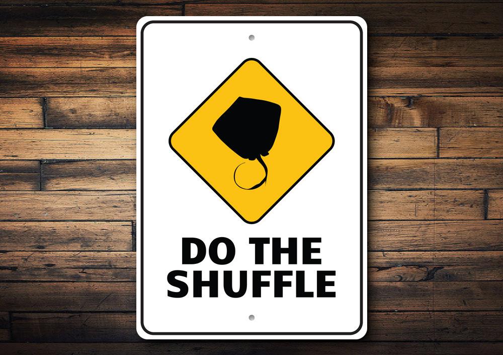 Stingray Shuffle Sign made of high-quality aluminum, featuring vibrant colors and customizable text, perfect for beach-themed decor.