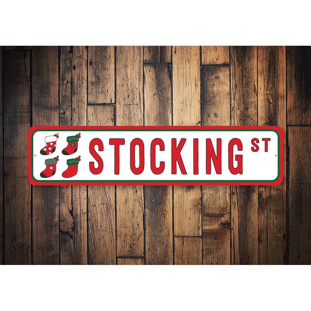 Customizable Stocking Street Sign made of durable aluminum, featuring pre-drilled holes for easy mounting.