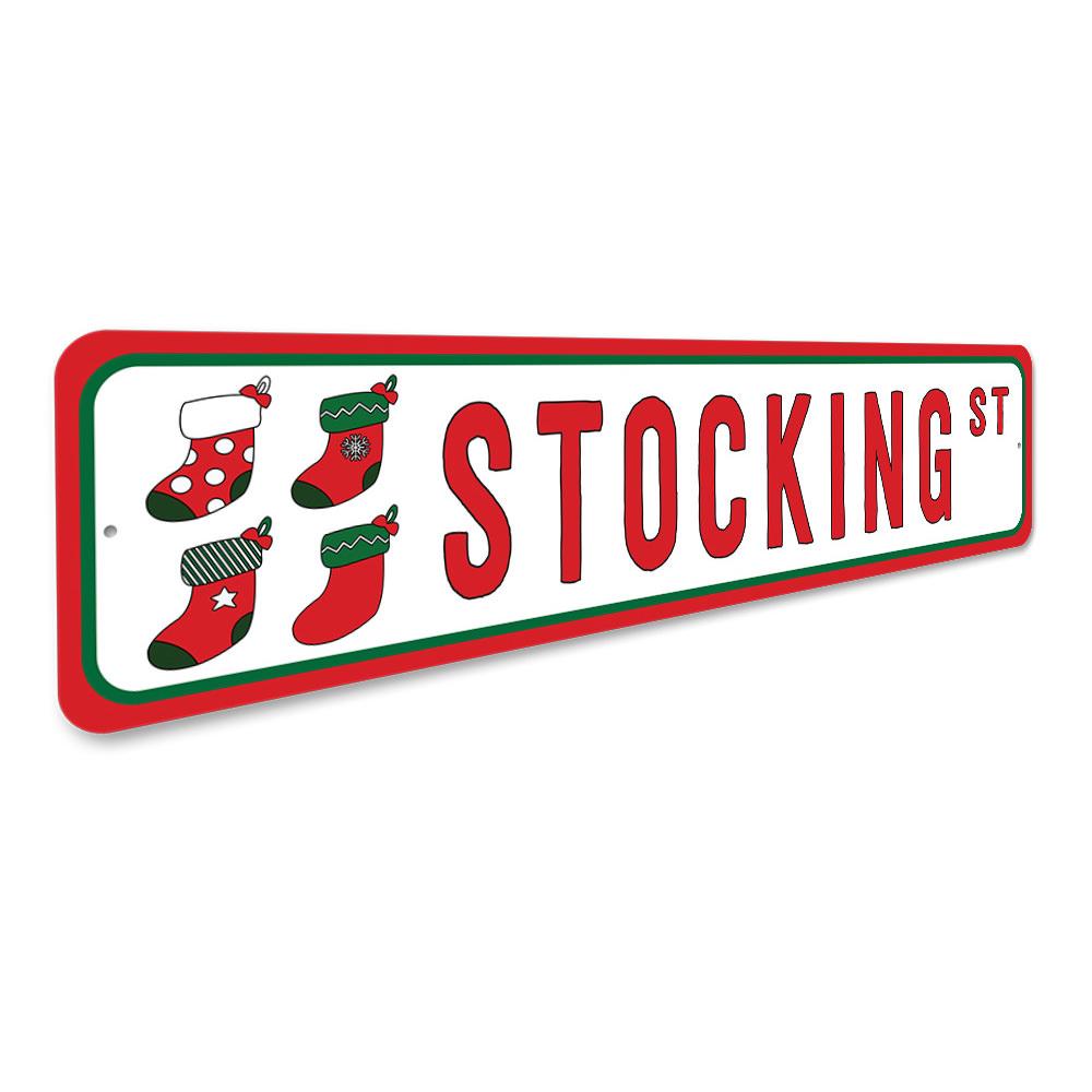 Customizable Stocking Street Sign made of durable aluminum, featuring pre-drilled holes for easy mounting.