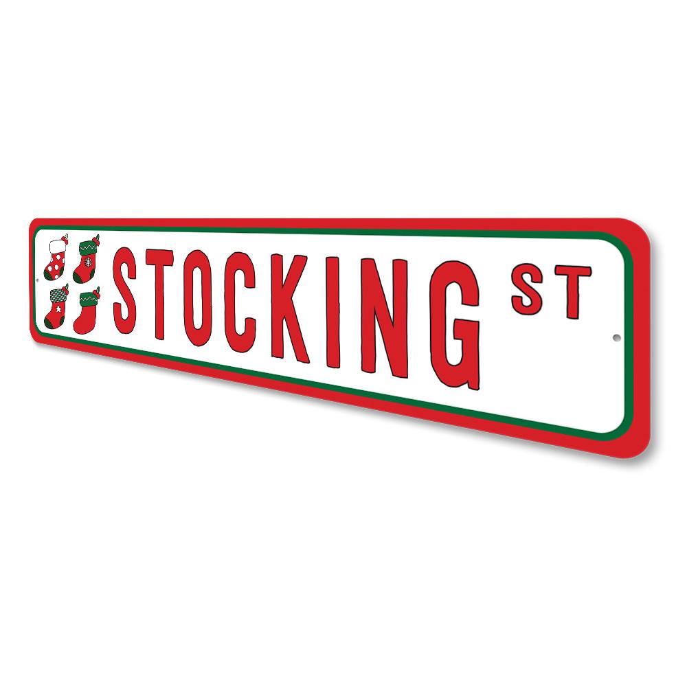 Customizable Stocking Street Sign made of durable aluminum, featuring pre-drilled holes for easy mounting.