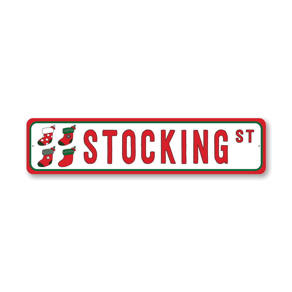 Customizable Stocking Street Sign made of durable aluminum, featuring pre-drilled holes for easy mounting.