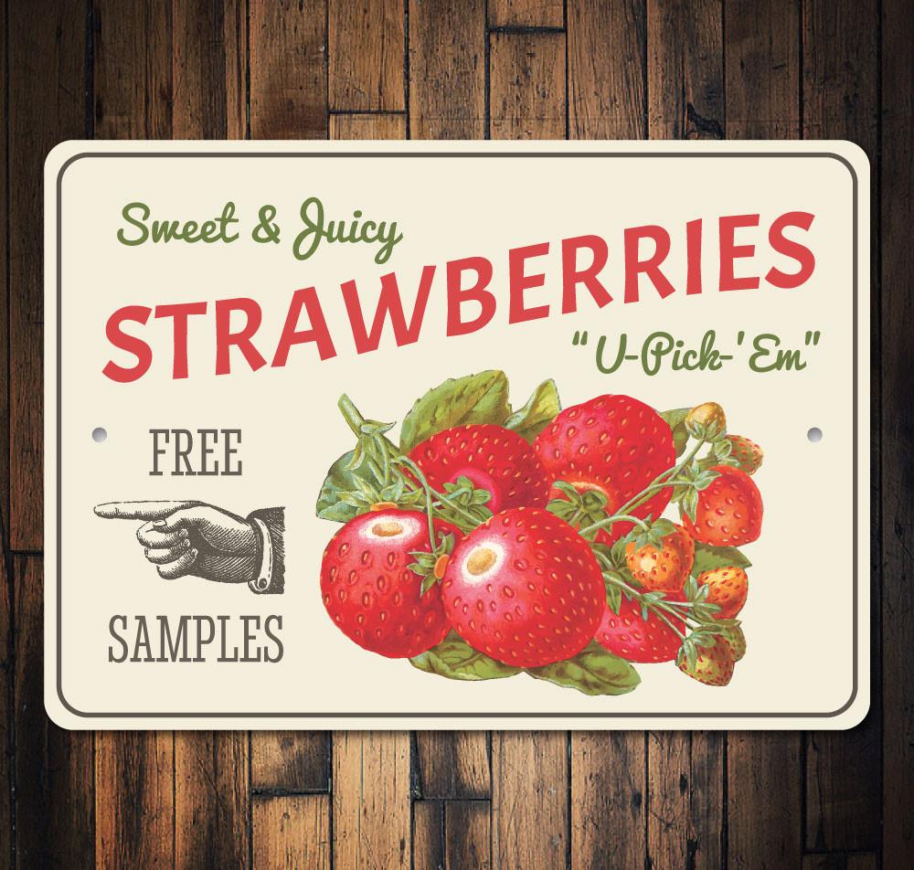 A vibrant decorative Strawberries Sign made of high-quality aluminum, featuring customizable text options, perfect for home decor.