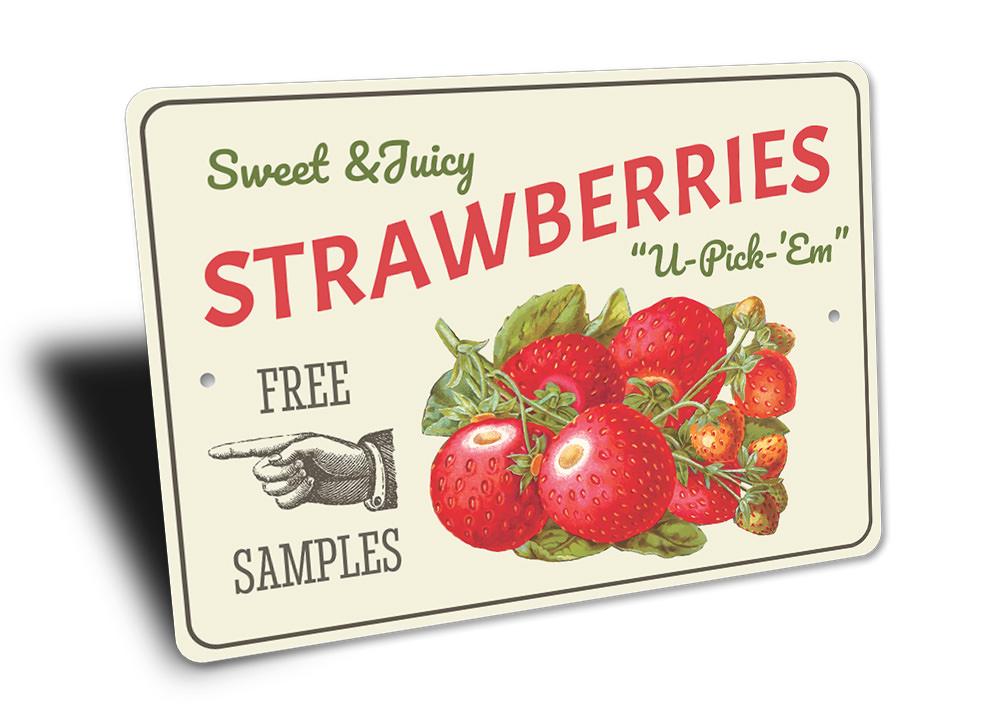 A vibrant decorative Strawberries Sign made of high-quality aluminum, featuring customizable text options, perfect for home decor.