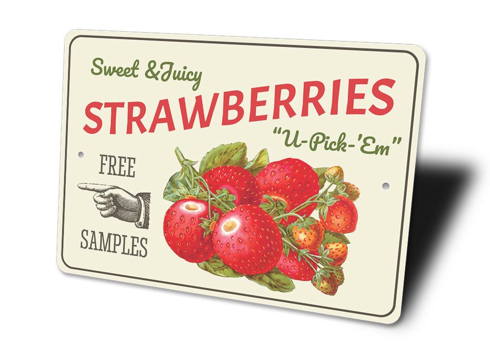 A vibrant decorative Strawberries Sign made of high-quality aluminum, featuring customizable text options, perfect for home decor.