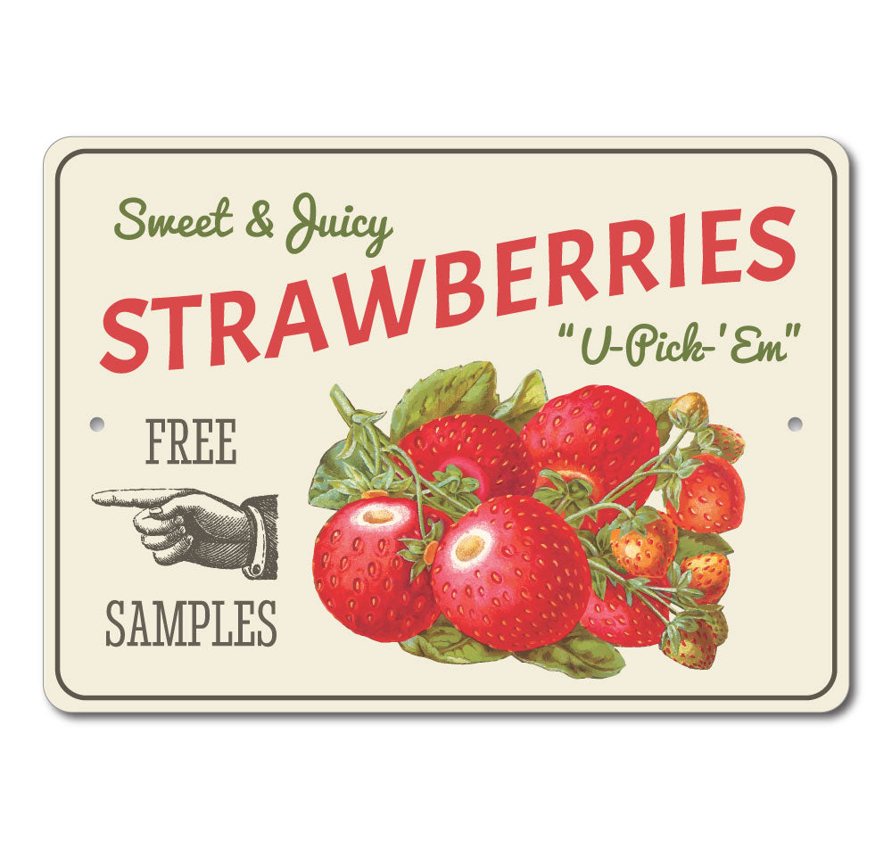 A vibrant decorative Strawberries Sign made of high-quality aluminum, featuring customizable text options, perfect for home decor.