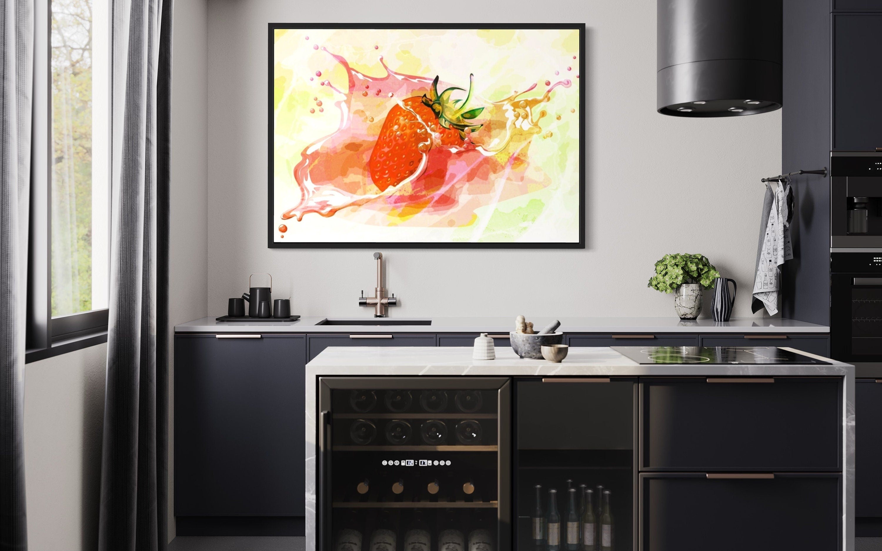 A vibrant artwork featuring a ripe strawberry splashing into water, showcasing dynamic motion and bright colors.