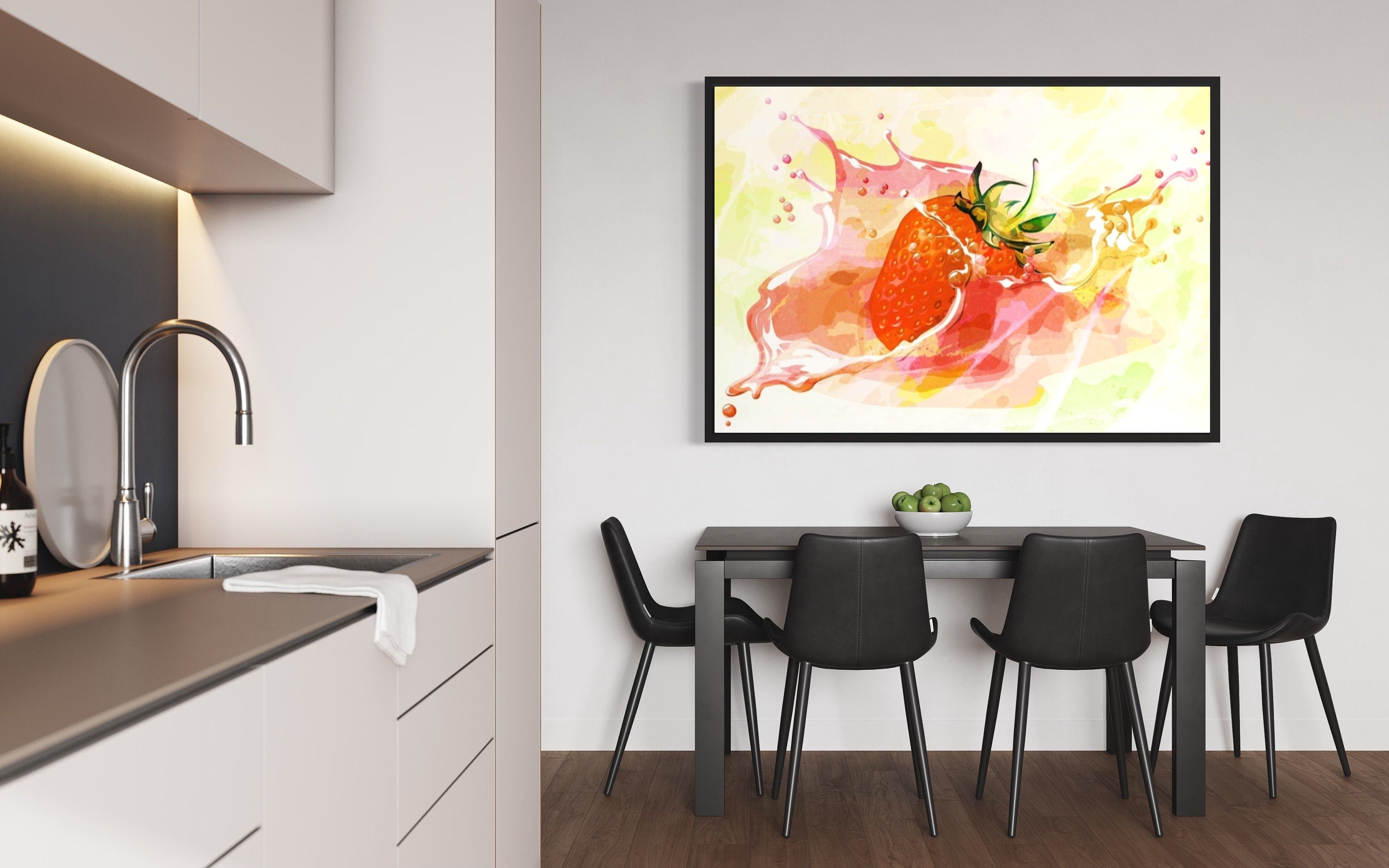 A vibrant artwork featuring a ripe strawberry splashing into water, showcasing dynamic motion and bright colors.