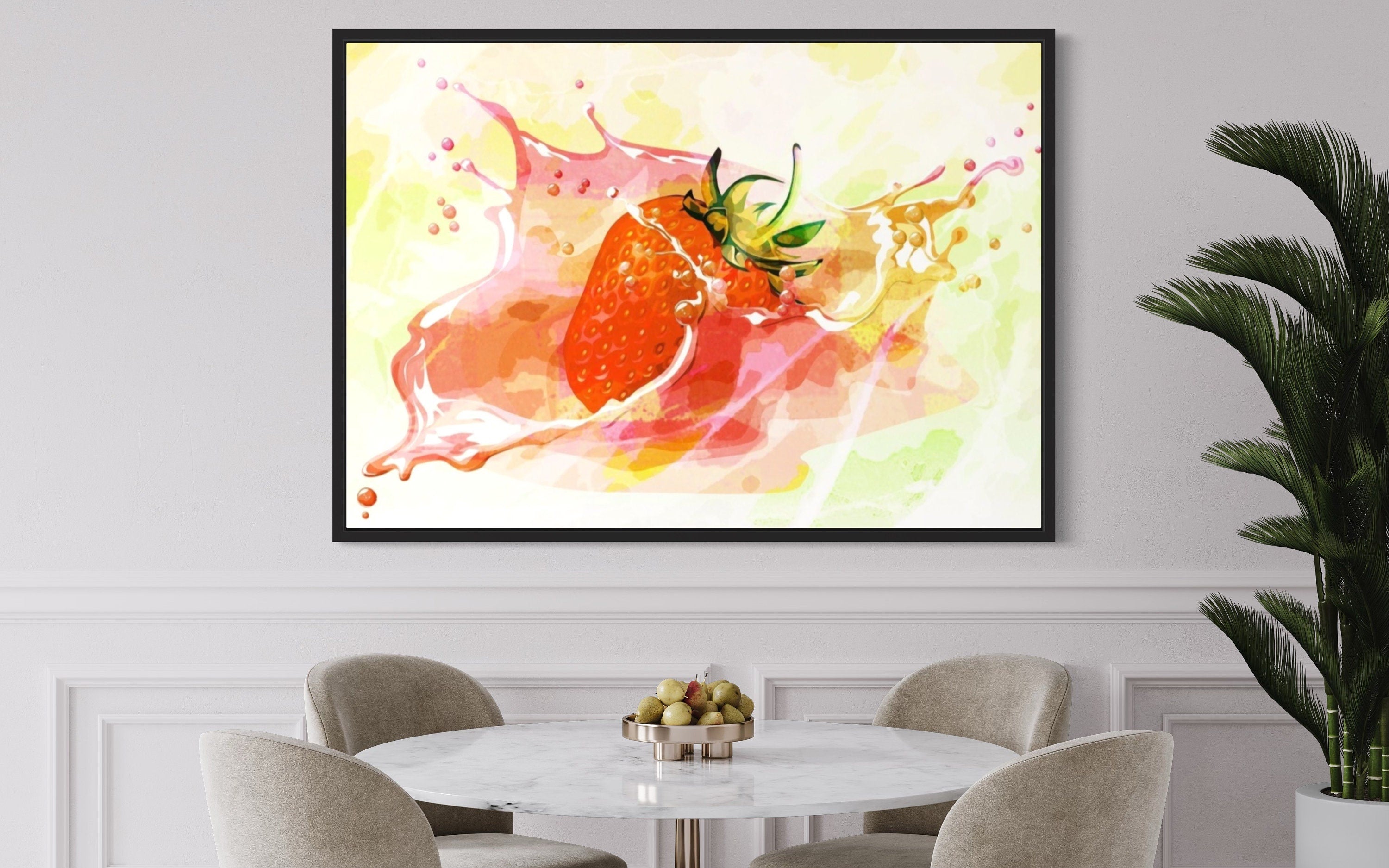 A vibrant artwork featuring a ripe strawberry splashing into water, showcasing dynamic motion and bright colors.