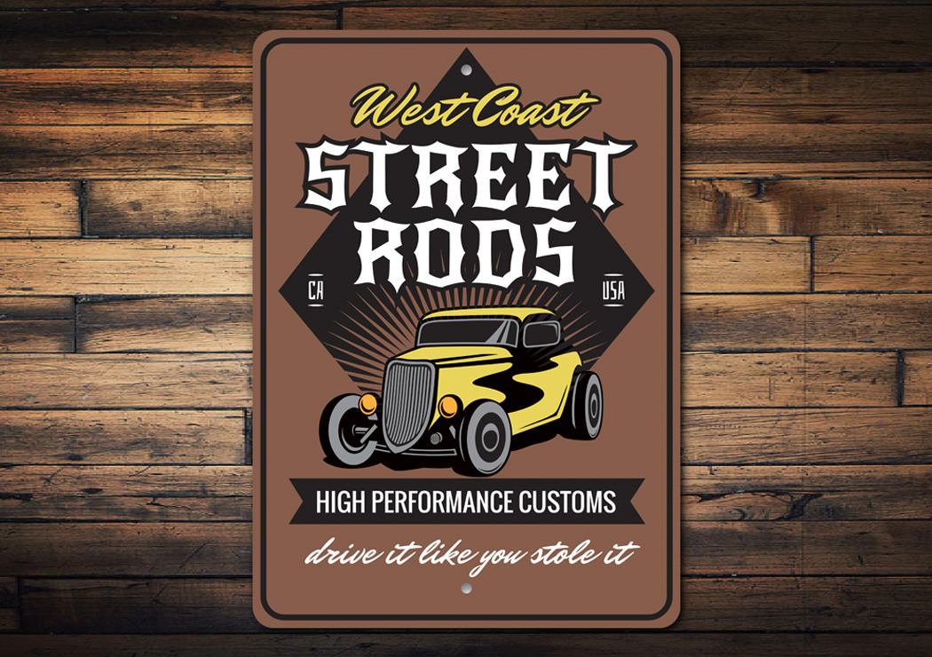 Street Rods High Performance Customs Shop Sign made of durable aluminum, featuring customizable text and pre-drilled holes for easy mounting.