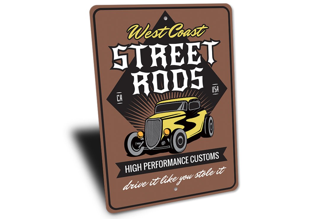 Street Rods High Performance Customs Shop Sign made of durable aluminum, featuring customizable text and pre-drilled holes for easy mounting.