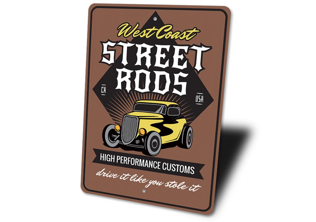 Street Rods High Performance Customs Shop Sign made of durable aluminum, featuring customizable text and pre-drilled holes for easy mounting.