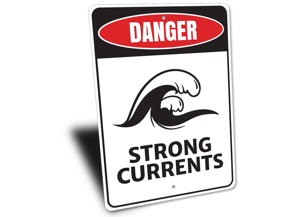 Strong Currents Danger Sign made of durable aluminum, featuring a beach-themed design, ideal for coastal decor.