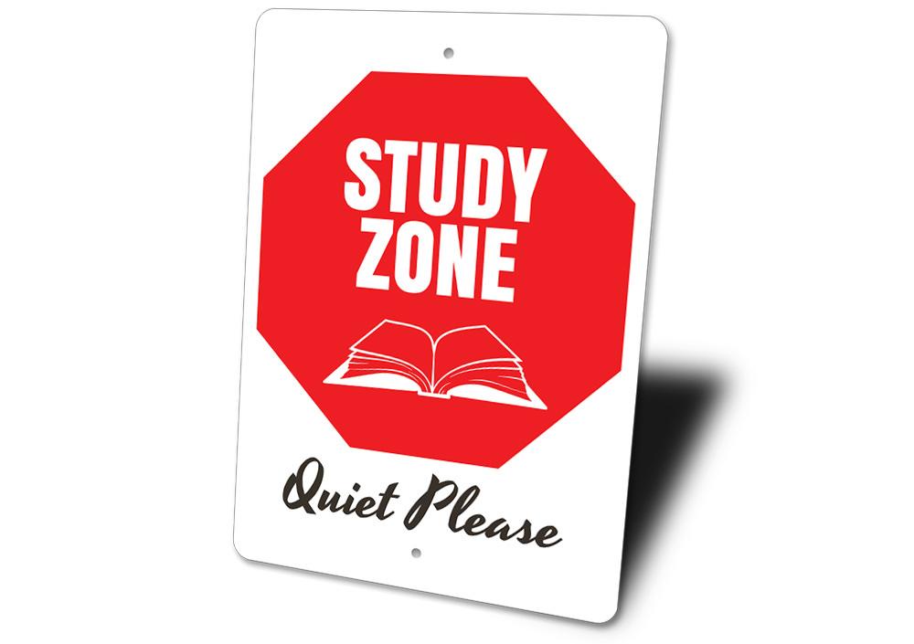 Customizable Study Zone Sign made of high-quality aluminum, featuring vibrant colors and pre-drilled holes for easy mounting.