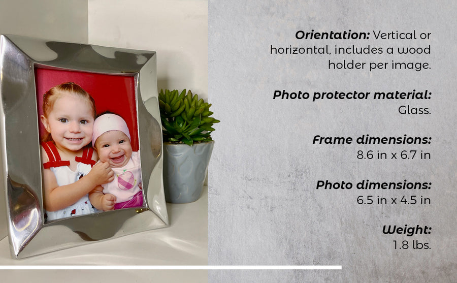 Stylish Picture Frame made of recycled aluminum, featuring a minimalist design with clean lines and a wood holder for vertical or horizontal display.