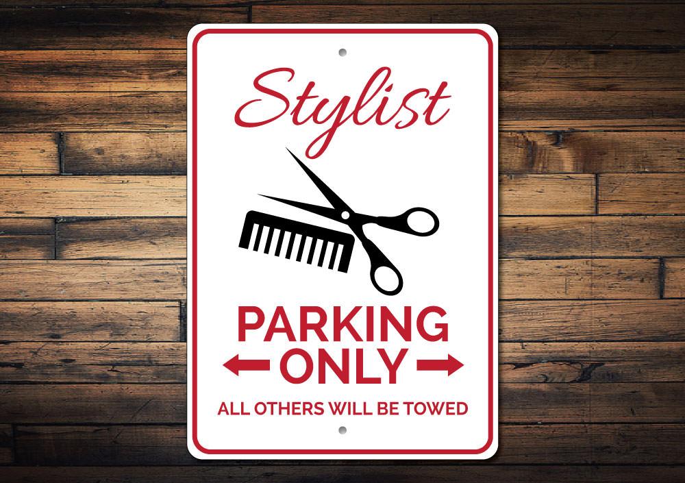 A stylish aluminum parking sign featuring customizable text, designed for various vehicles, showcasing high-quality craftsmanship.