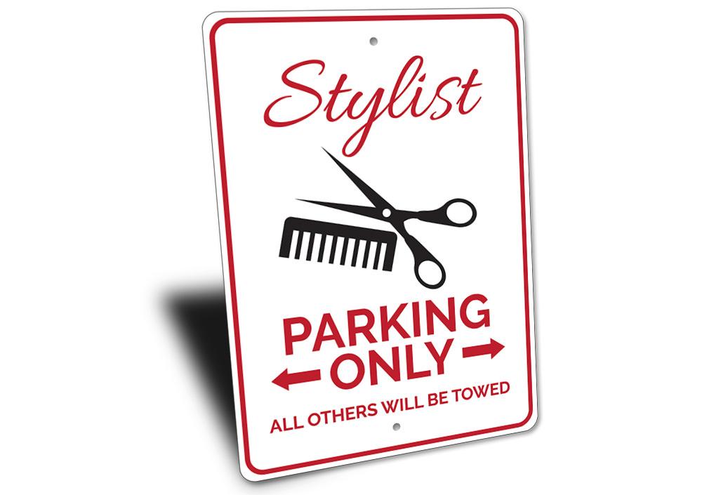 A stylish aluminum parking sign featuring customizable text, designed for various vehicles, showcasing high-quality craftsmanship.