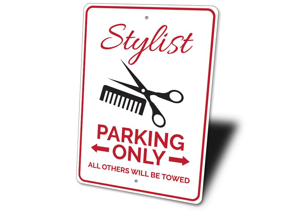 A stylish aluminum parking sign featuring customizable text, designed for various vehicles, showcasing high-quality craftsmanship.