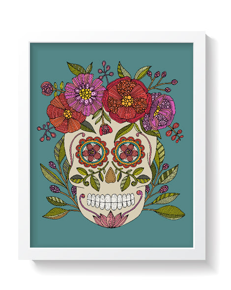 Vibrant Sugar Skull art print on a blue background, showcasing intricate pen and ink details with digital coloring.