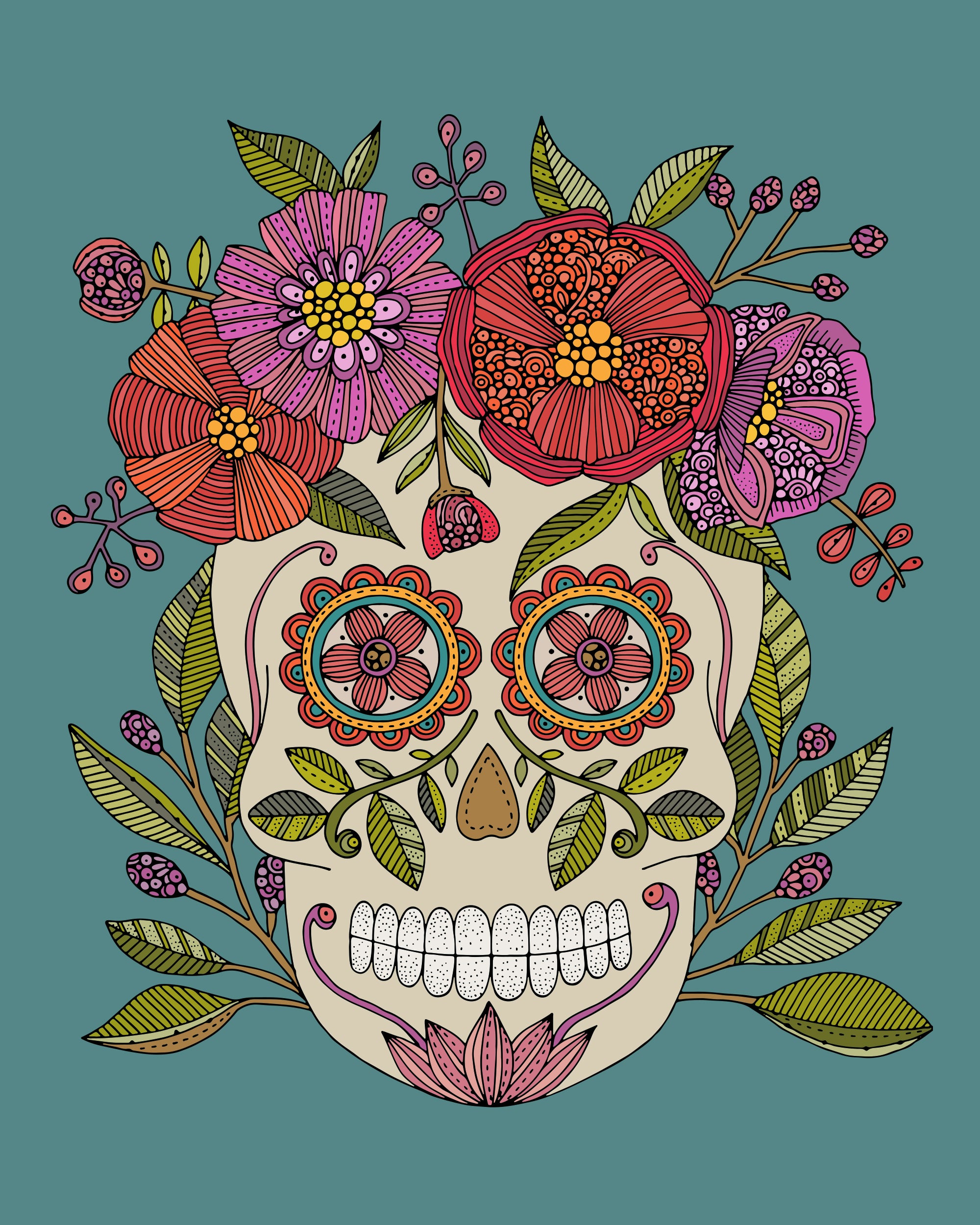 Vibrant Sugar Skull art print on a blue background, showcasing intricate pen and ink details with digital coloring.