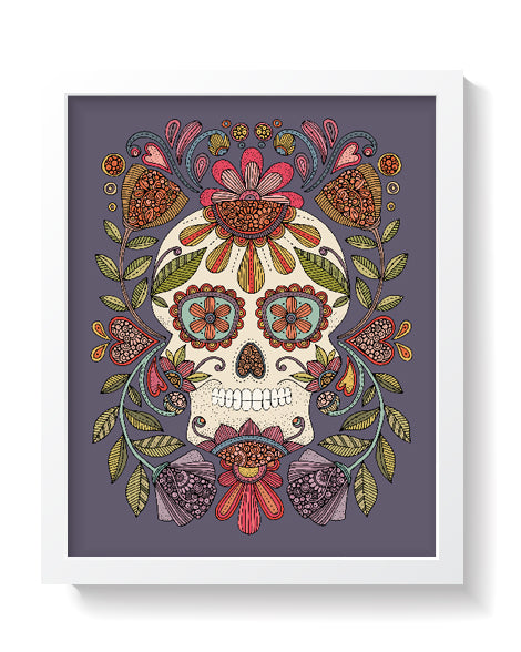 Vibrant Sugar Skull art print on purple background, showcasing intricate pen and ink details with digital coloring.