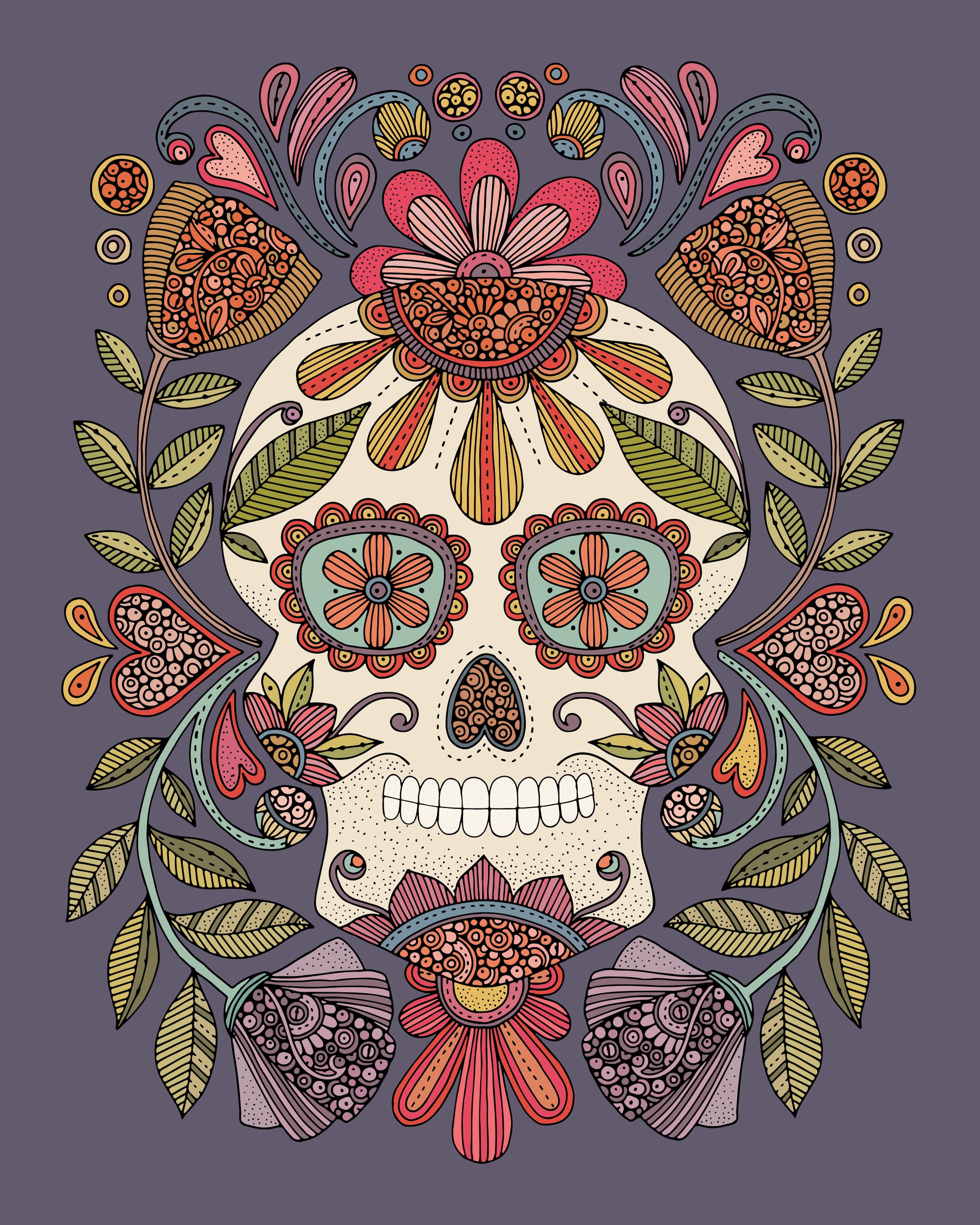 Vibrant Sugar Skull art print on purple background, showcasing intricate pen and ink details with digital coloring.