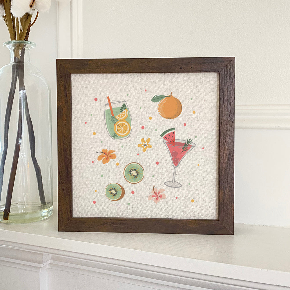 Stylish Summer Drinks framed sign with a wood frame and linen-look background, perfect for home decor.