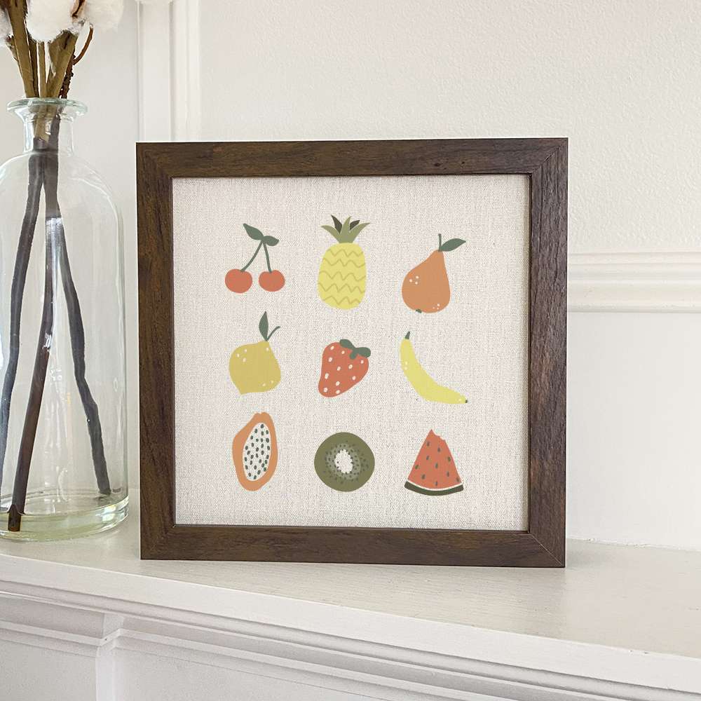 Summer Fruit Framed Sign with a stylized wood frame and eco-friendly ink printing on a linen-look background.