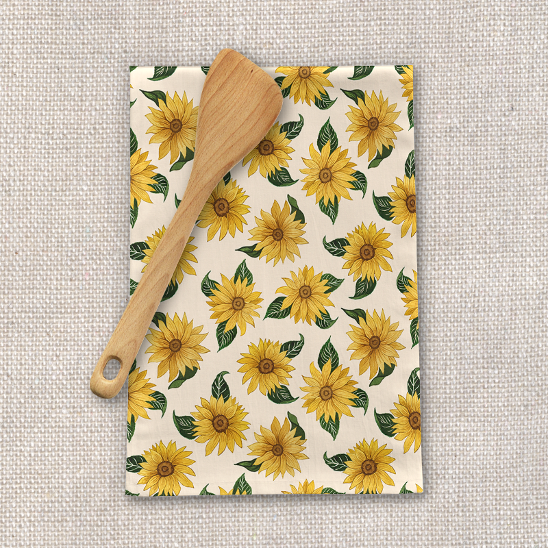 Summer Sunflower Tea Towel featuring vibrant sunflower design on cotton twill fabric, perfect for kitchen use.