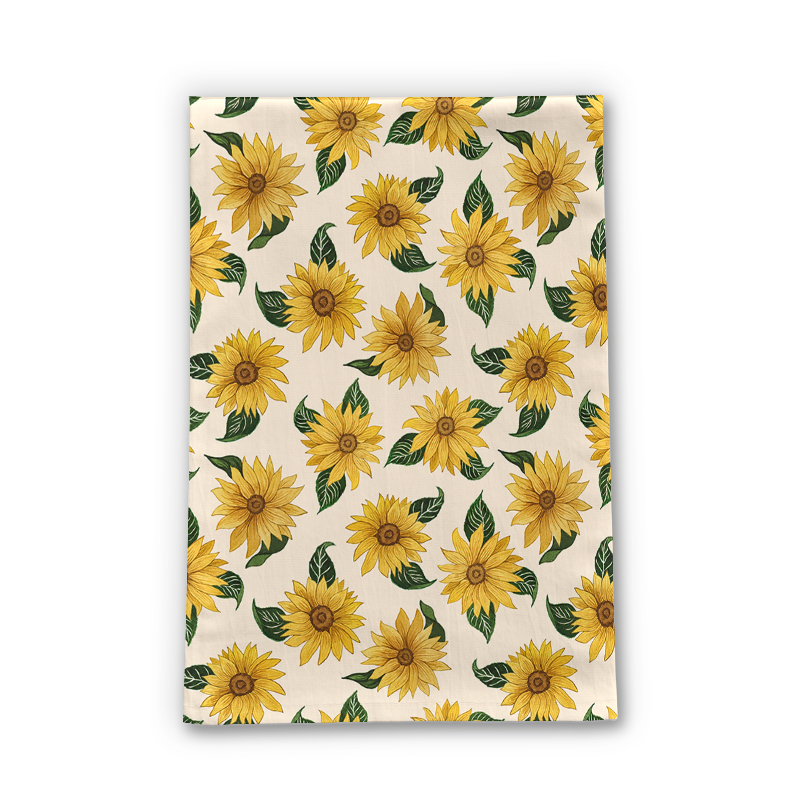 Summer Sunflower Tea Towel featuring vibrant sunflower design on cotton twill fabric, perfect for kitchen use.