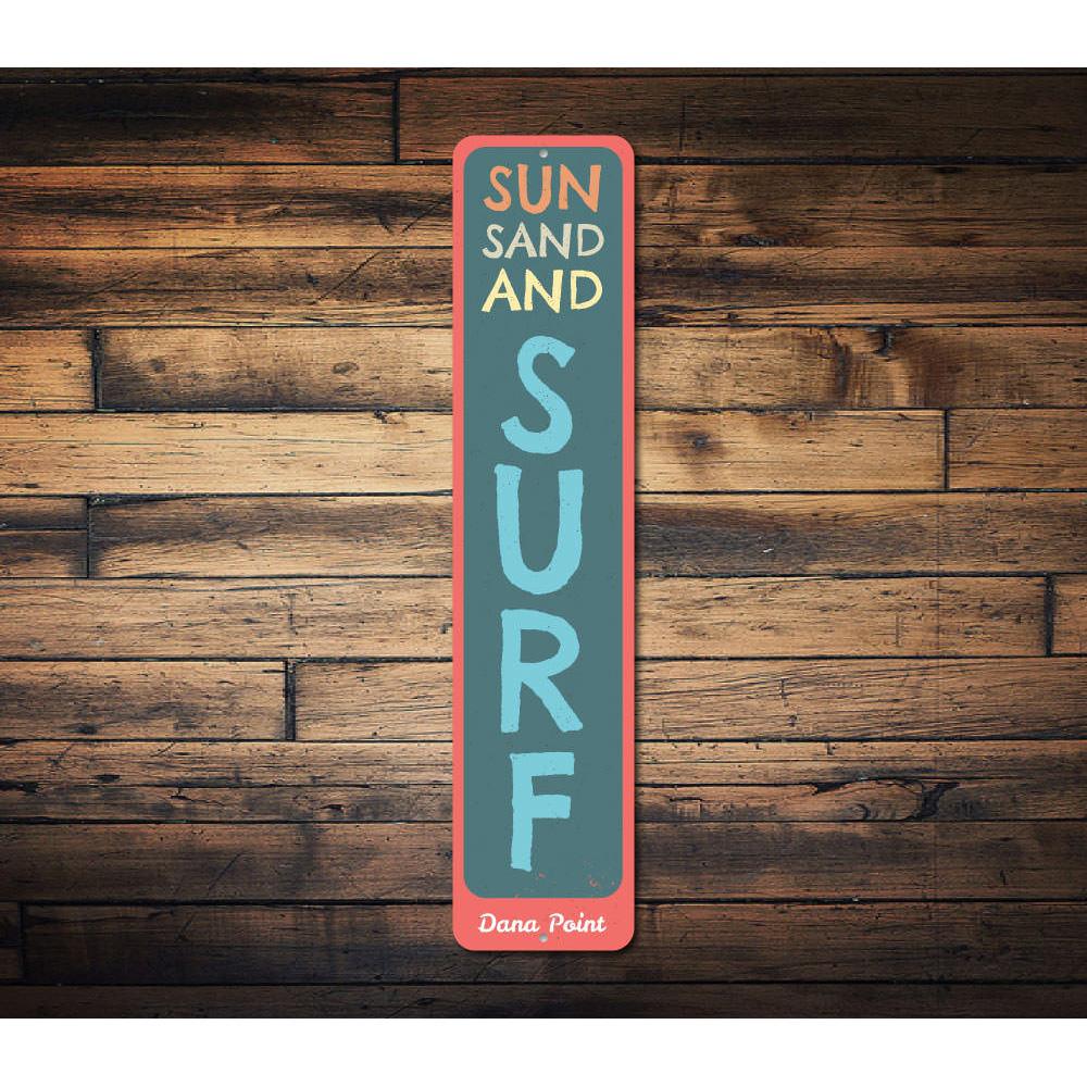 Sun Sand and Surf Vertical Sign featuring beach-themed design, made of durable aluminum with customizable text options.