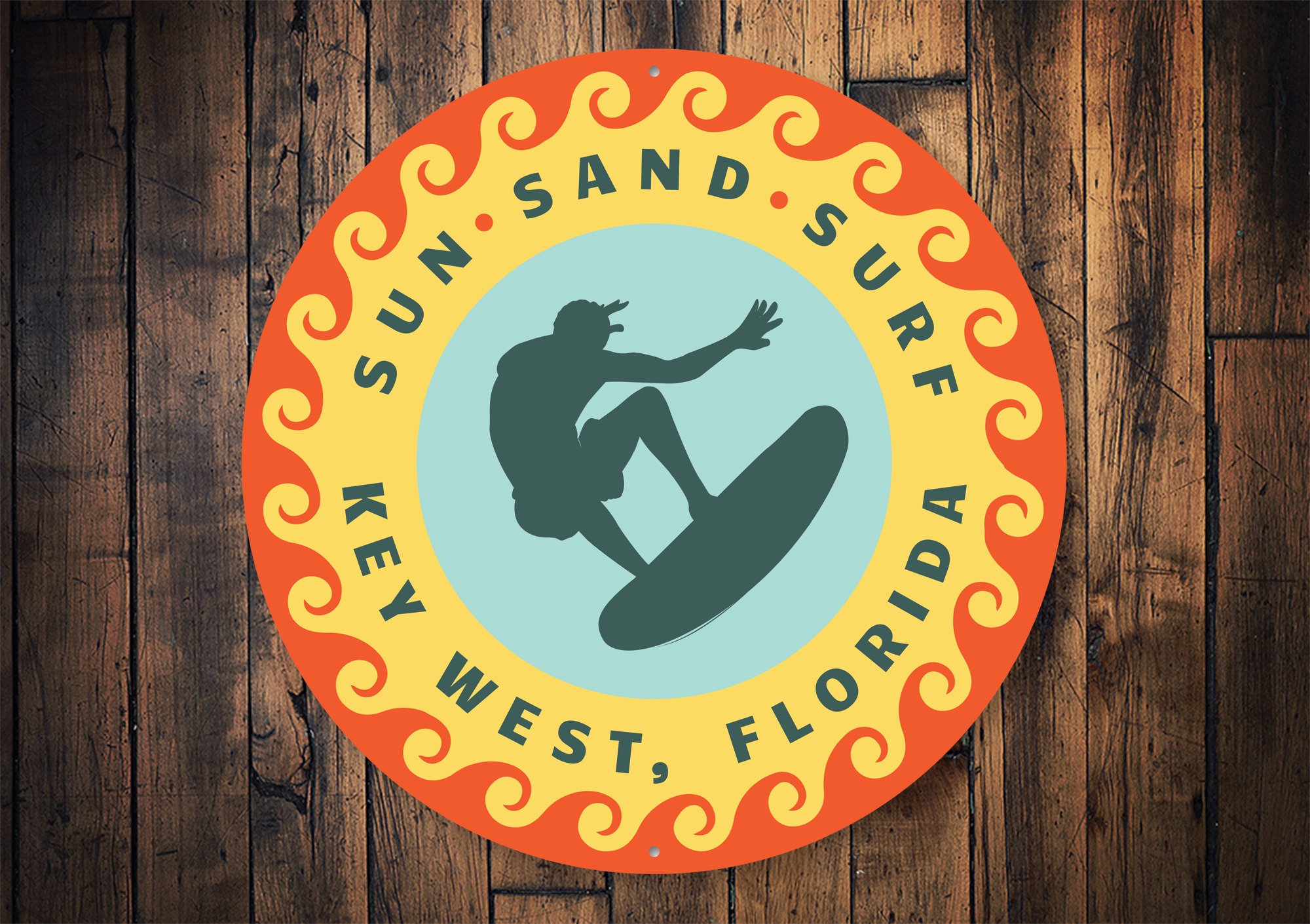 Sun Sand Surf Key West Sign made of durable aluminum, featuring beach-themed design perfect for coastal decor.