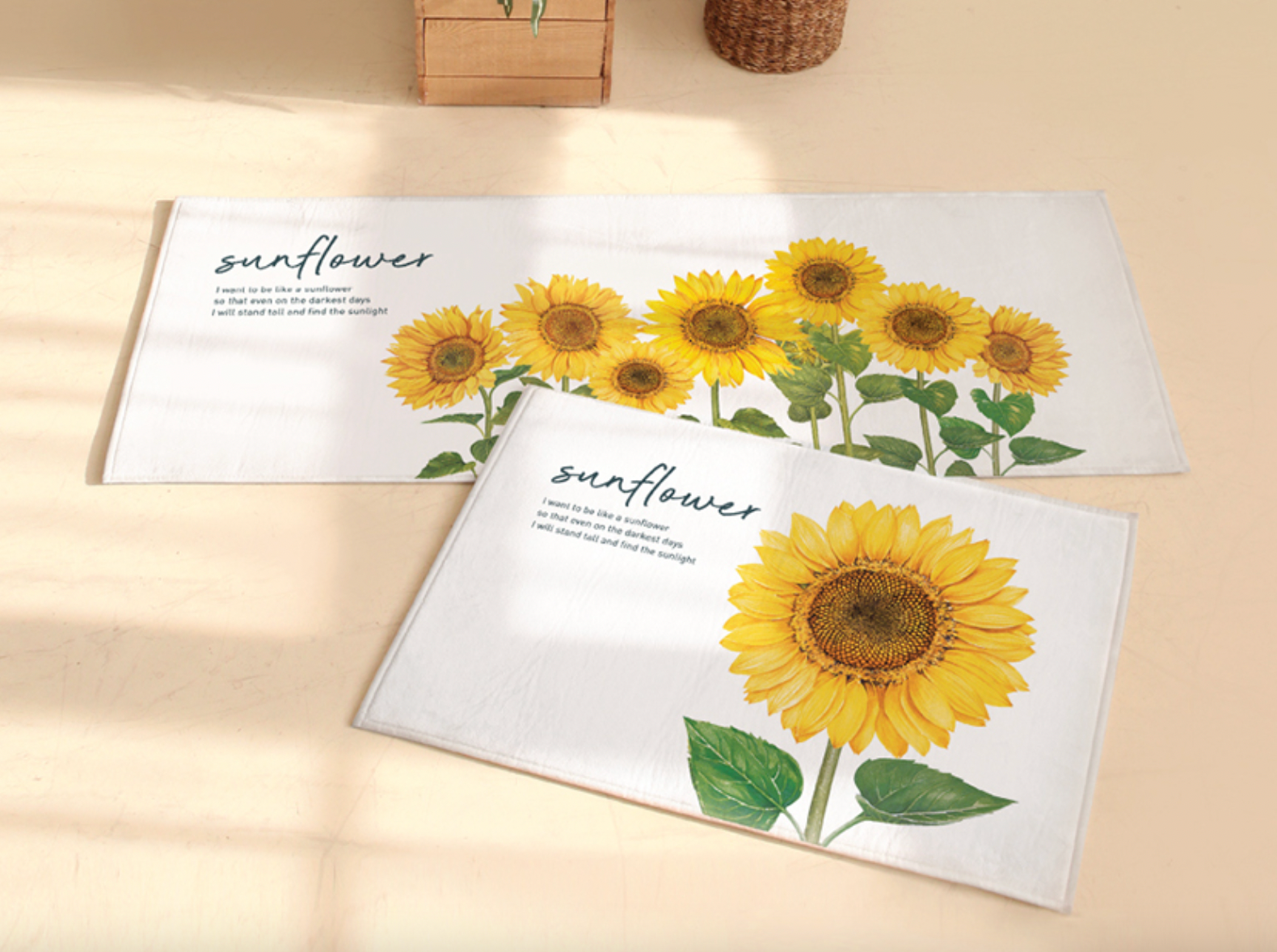 Sunflower floor mat and kitchen mat set featuring vibrant sunflower design and soft microfibre material.