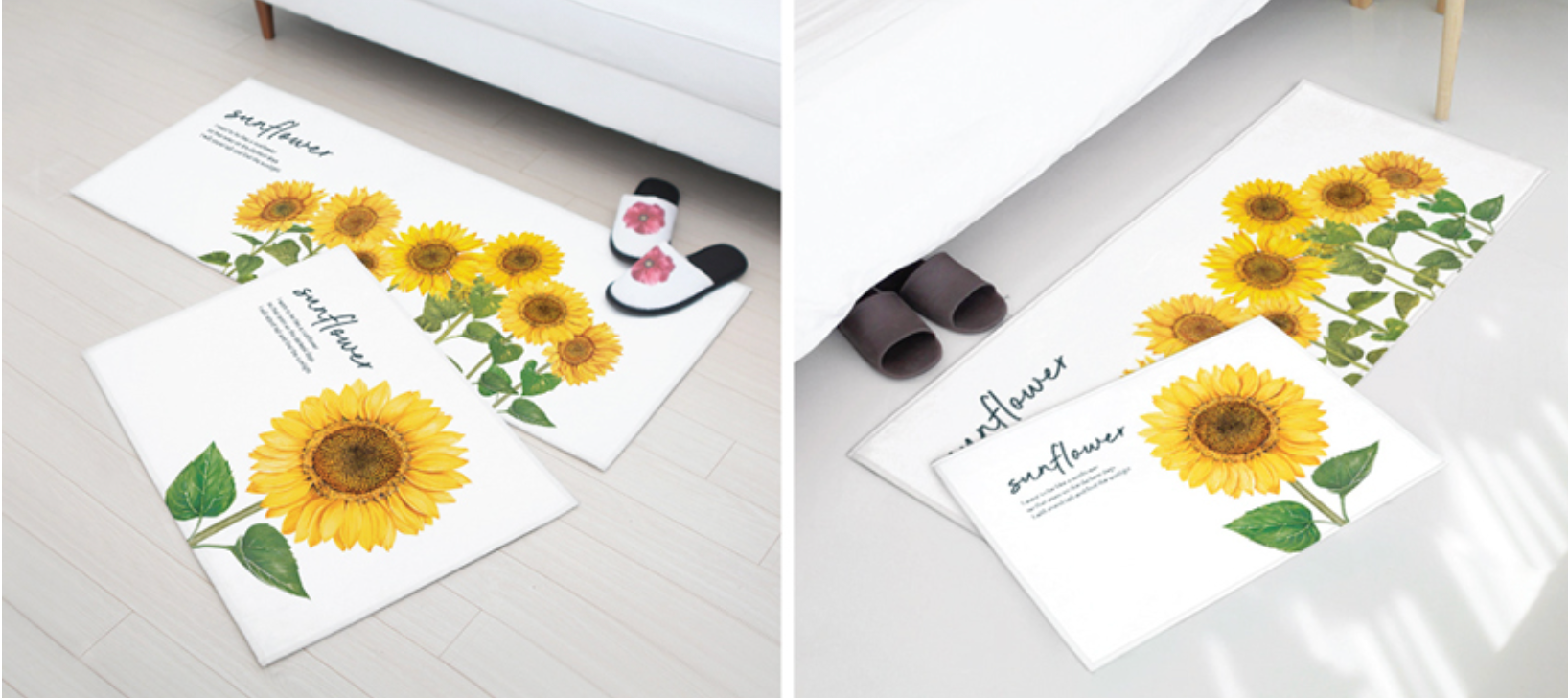 Sunflower floor mat and kitchen mat set featuring vibrant sunflower design and soft microfibre material.