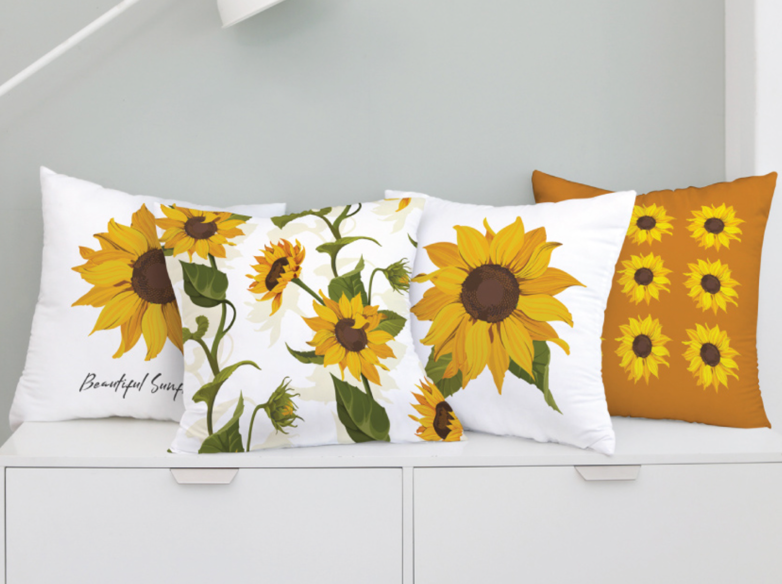 Sunflower Garden cushion featuring vibrant sunflower design and double-sided pattern, perfect for home decor.