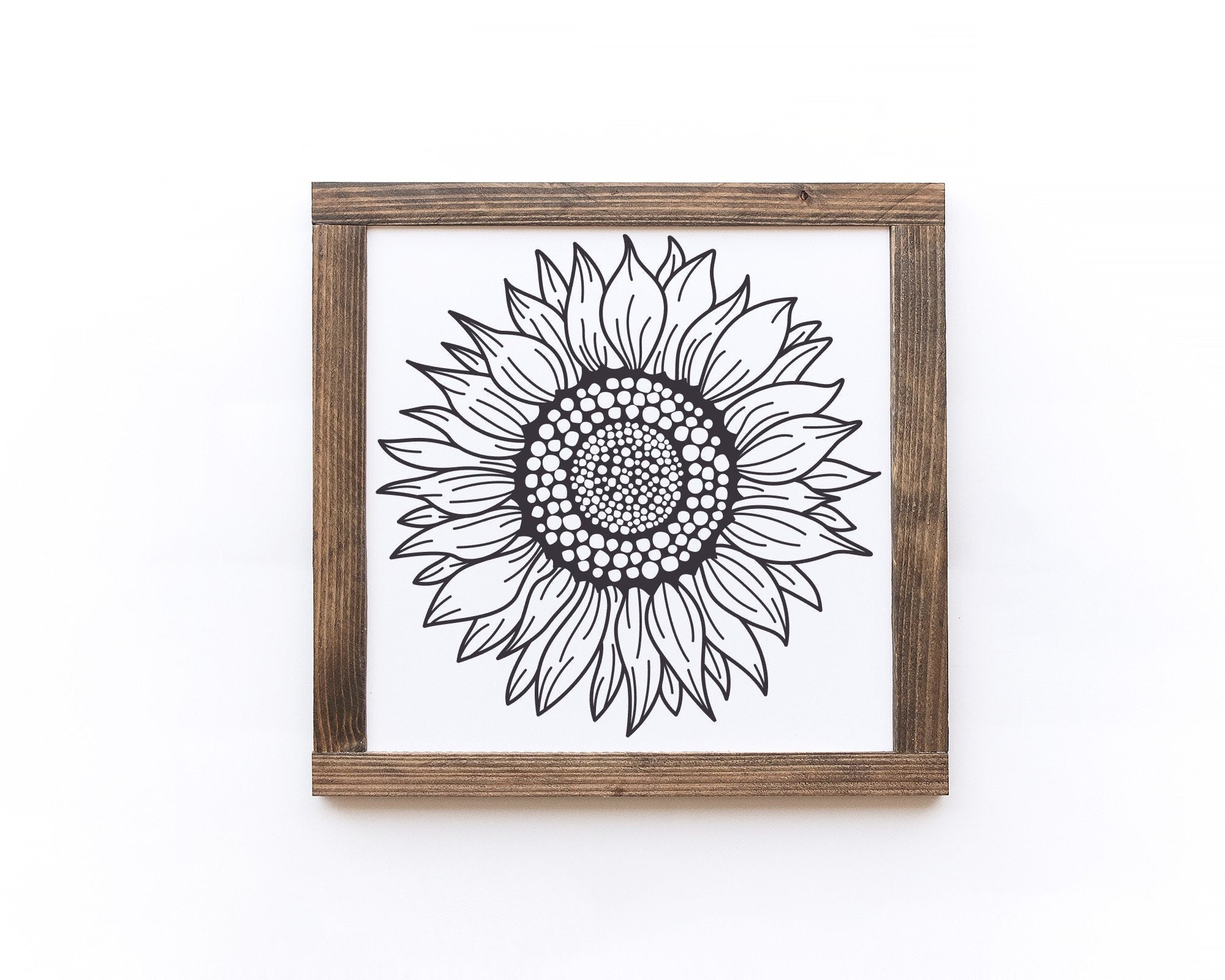 Handmade Sunflower Wood Sign with matte white background and sunflower lettering, measuring 11x11 inches.