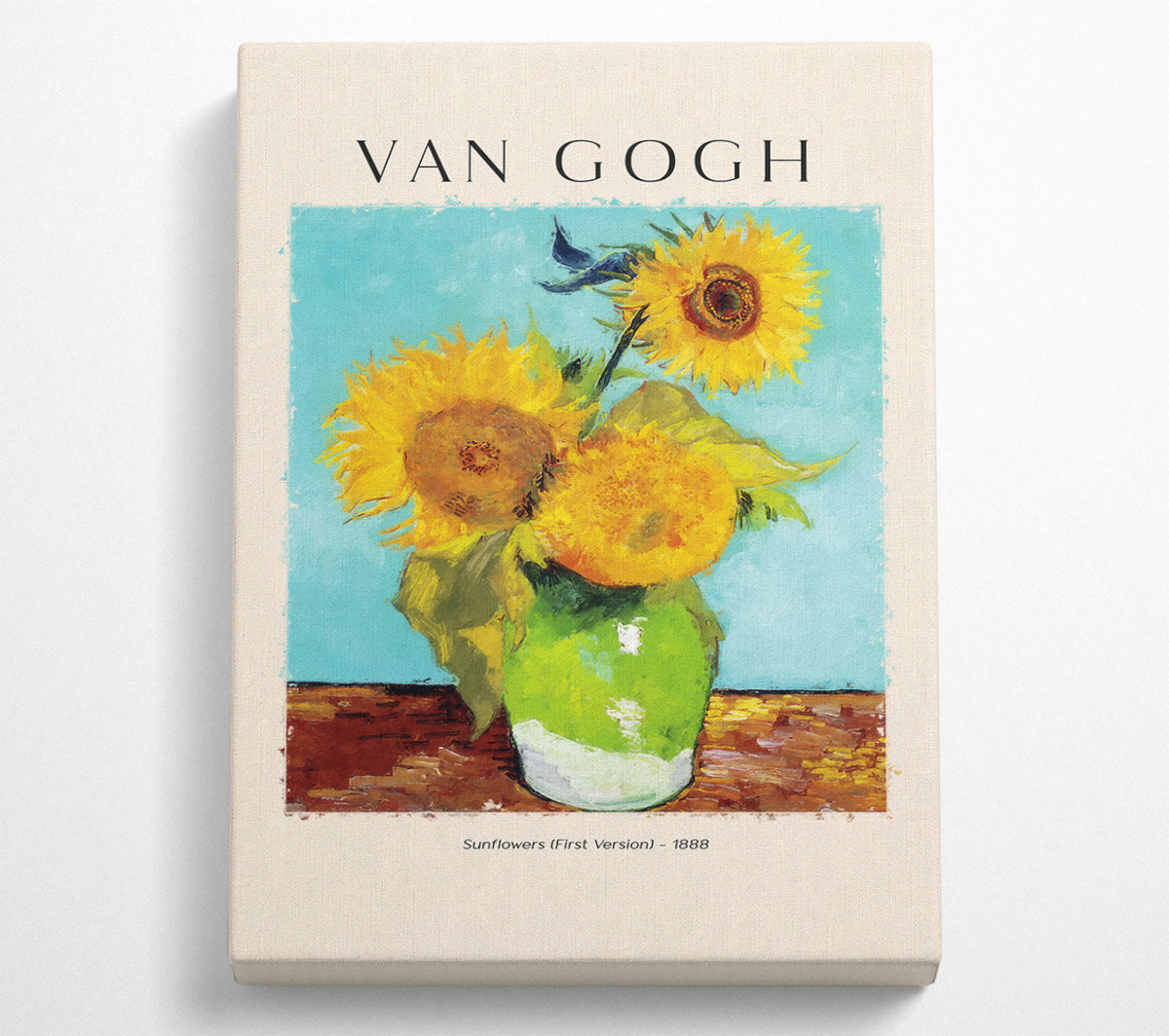 A vibrant reproduction of Van Gogh's Sunflowers 1888 painting, printed on coated polyester canvas and mounted on a sturdy box frame.